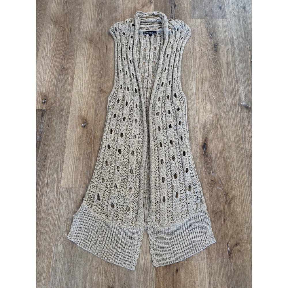 Longline Open Knit Vest Womens Large Beige Boho Earthy‎ Coastal Grandmother